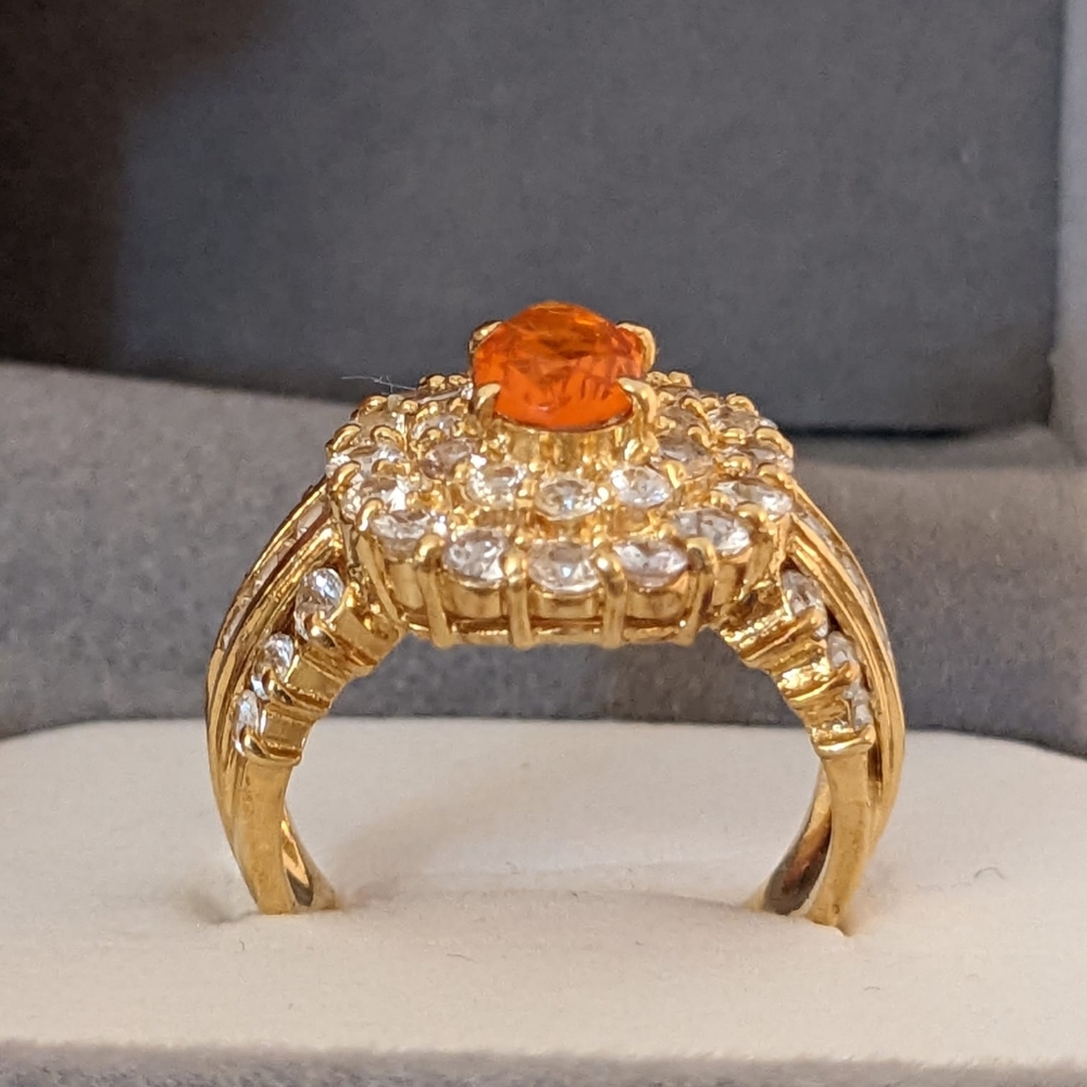 18K Yellow Gold Fire Opal Sapphire Halo Cocktail Ring - Picture 16 of 16